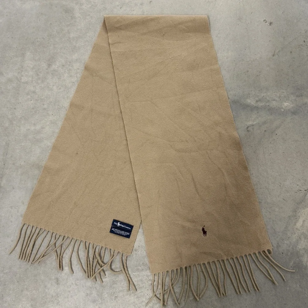 Polo Ralph Lauren Scarf Unisex OS Tan Excellent Lambswool Fringed Pony Logo